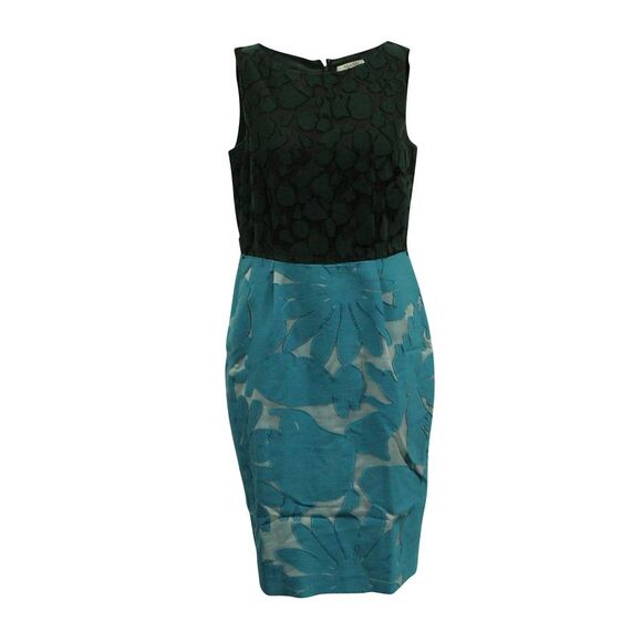 Max Mara Floral Color Block Midi Dress in Black and Blue Cotton